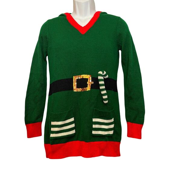 No Boundaries Santa's Helper Hoodie w/ Christmas Tree Hood Sweater Dress Size L - Picture 1 of 4